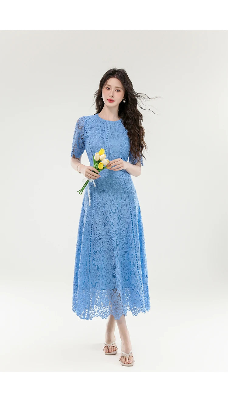 2025 New Summer French Elegant Fashion Evening Dress Women Lace Hollow Out Crochet Party Dress Casual Chic Holidays Clothing