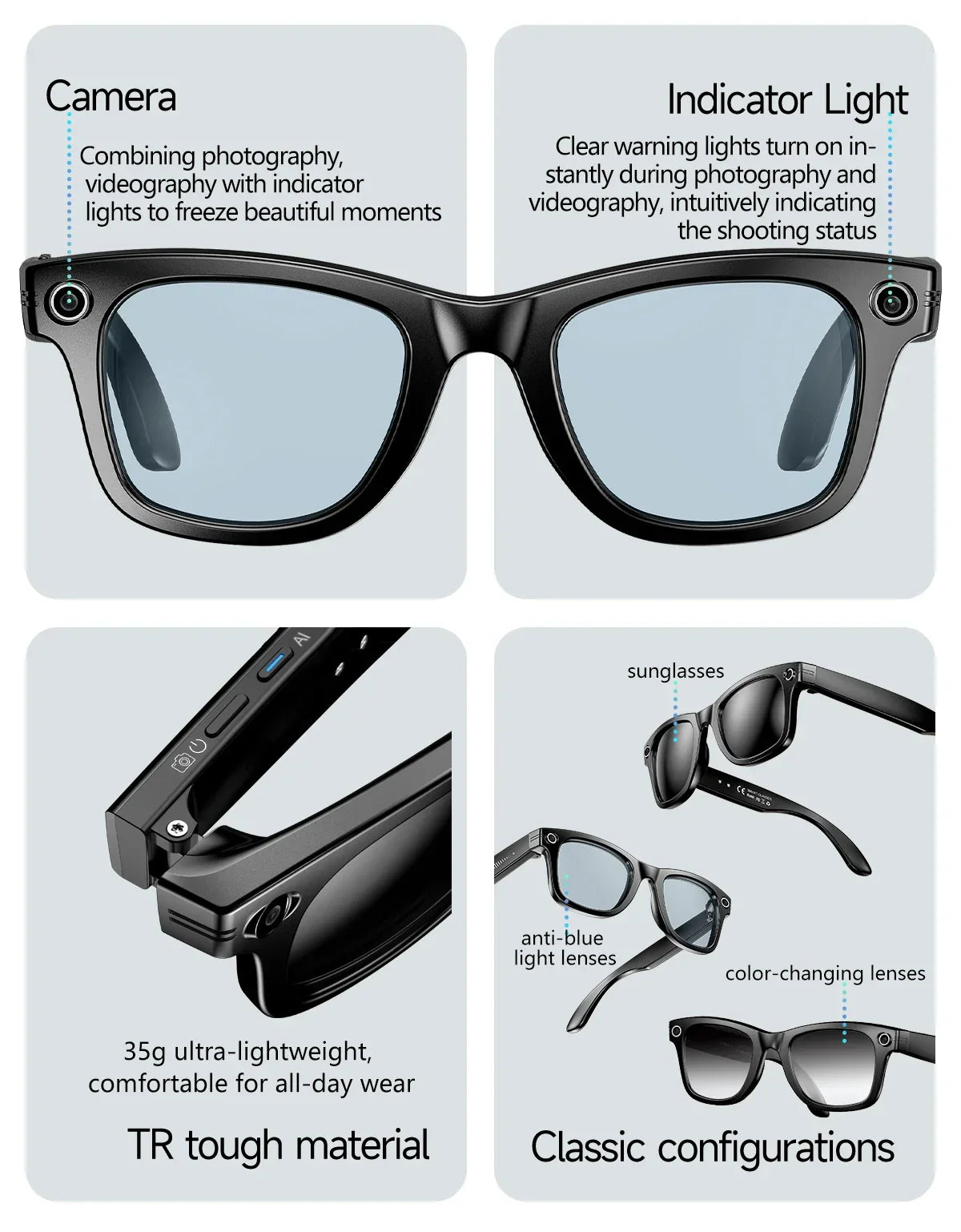 GrabliWorld AI Smart Camera Glasses – UHD Recording, Dual-Mic Noise Cancelling, Voice Control, Waterproof