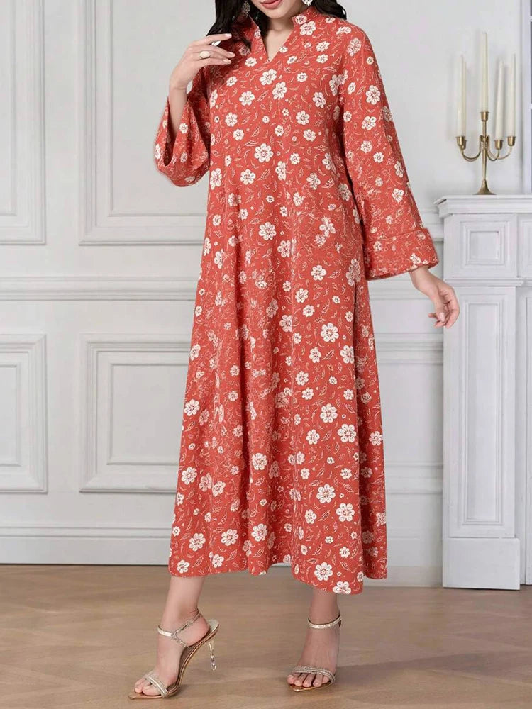 Rafiah Women's Arabian Dress Even Dress 2025 Summer Elegant Full Print Long Sleeve V-Neck Vacation Loose Fit Long Dress
