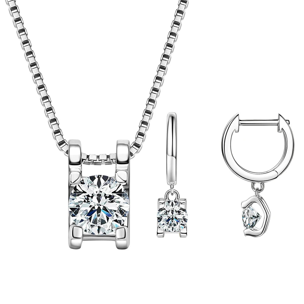 Lnngy 0.5ct-1ct Moissanite Pendant Necklace Earring For Women 925 Sterling Silver Stud Earrings Collares Mujer Bling Jewelry Set