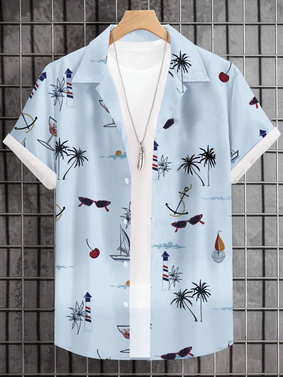 Men's Woven Fashion Casual Beach Surf Holiday Palm Tree Pattern Slim Fit Short Sleeve Shirt
