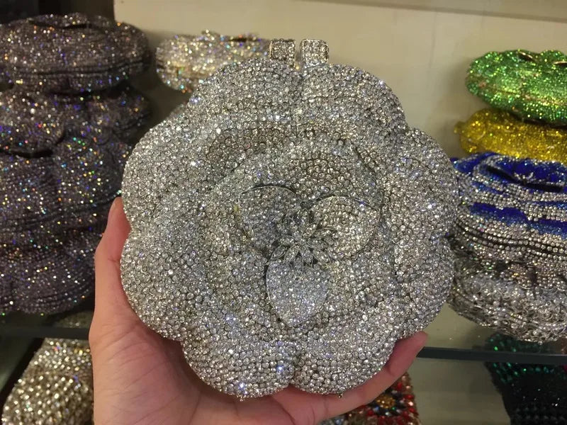 Rose Flower Pink/Green Rhinestones Evening Clutches Women Floral Yellow Crystal Evening Bags Bridal Wedding Party Clutch Purse