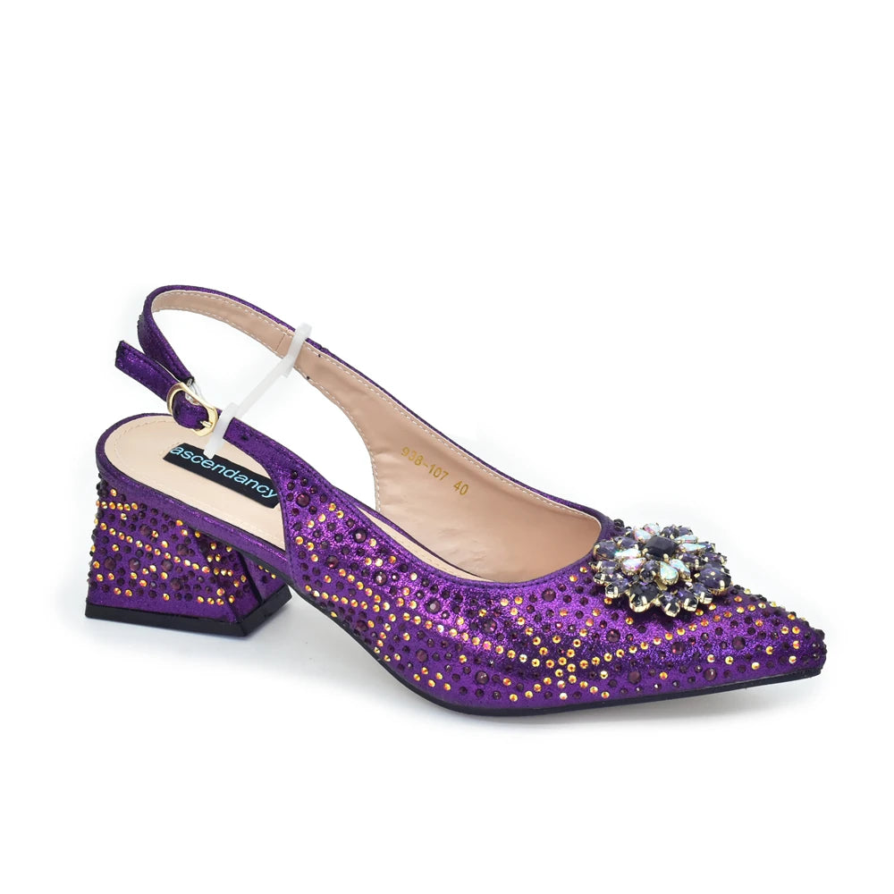 Elegant Baldauren Women’s Italian-Style Pointed Toe Slingback Pumps with Crystal Rhinestones & Matching Bag – African Party & Wedding Set (Sizes 37-43)