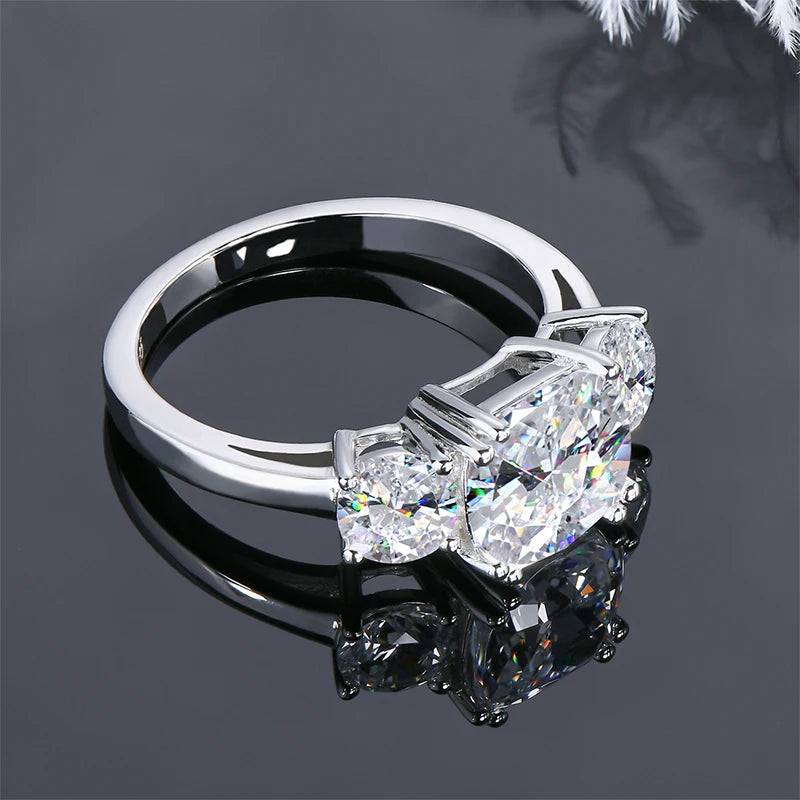 Lnngy Round Cushion Cut Moissanite Engagement Ring for Women 925 Sterling Silver Three Stone Wedding Ring Sparkling Jewelry Gift