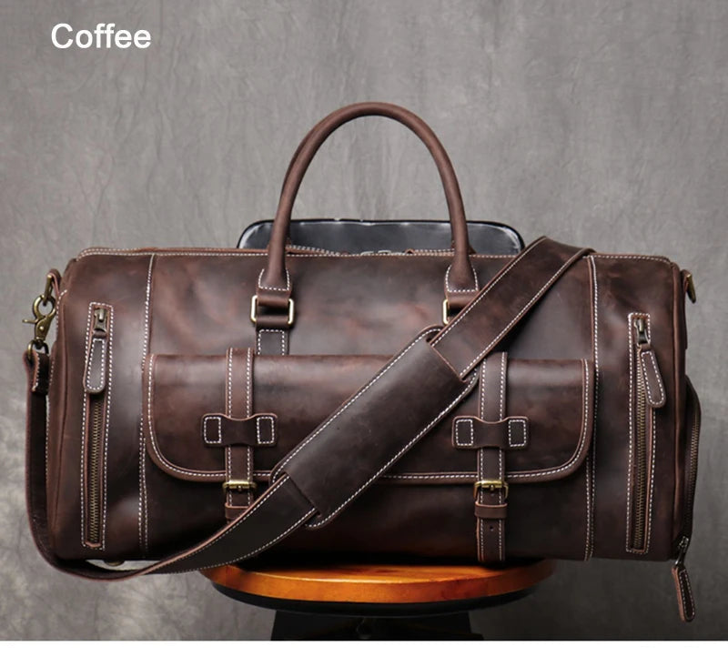 MUNUKI Vintage Crazy Horse Genuine Leather Travel bag Large Luggage bag men Leather duffle bag Large Weekend Bag Tote Big