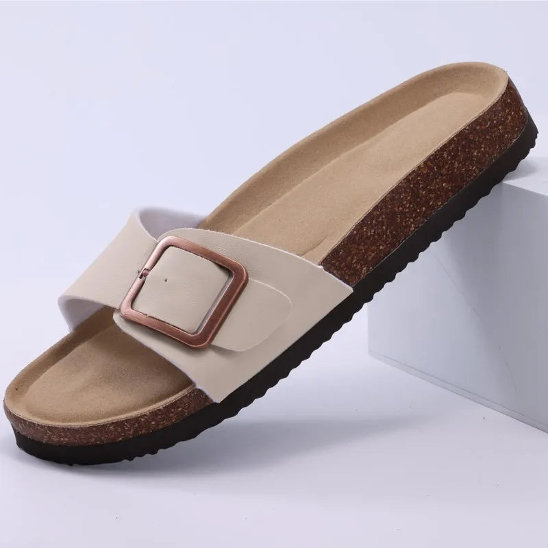 Crestar Women's Summer Cork Slippers 2025 New Outdoor Beach Flip Flops Fashion Leather Orthopedic Sandals With Adjustable Buckle