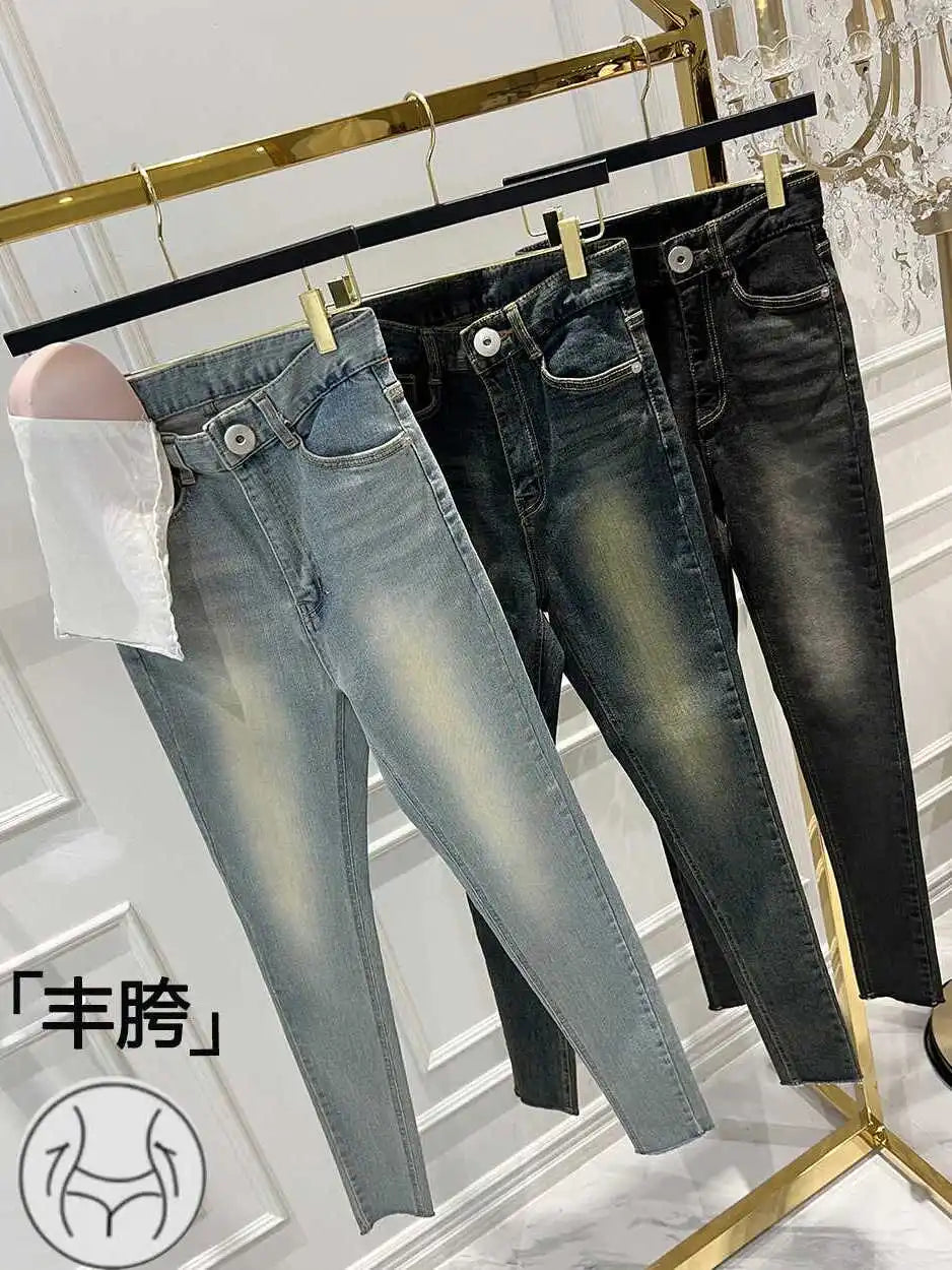 Slimming Skinny Jeans with Hip Padding Retro Nine-Piece Vintage Wear Resistant Cotton Stretch Denim Zipper Closure l Waist