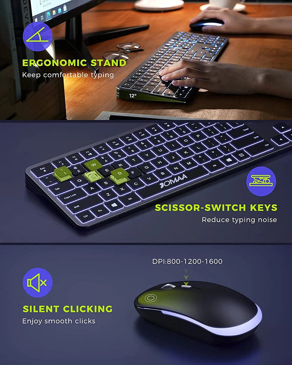 Jomaa Full-Size Backlight Wireless Keyboard and Mouse Combo for Laptop PC USB Silent Click Keyboard Mouse Set Rechargeable Spain