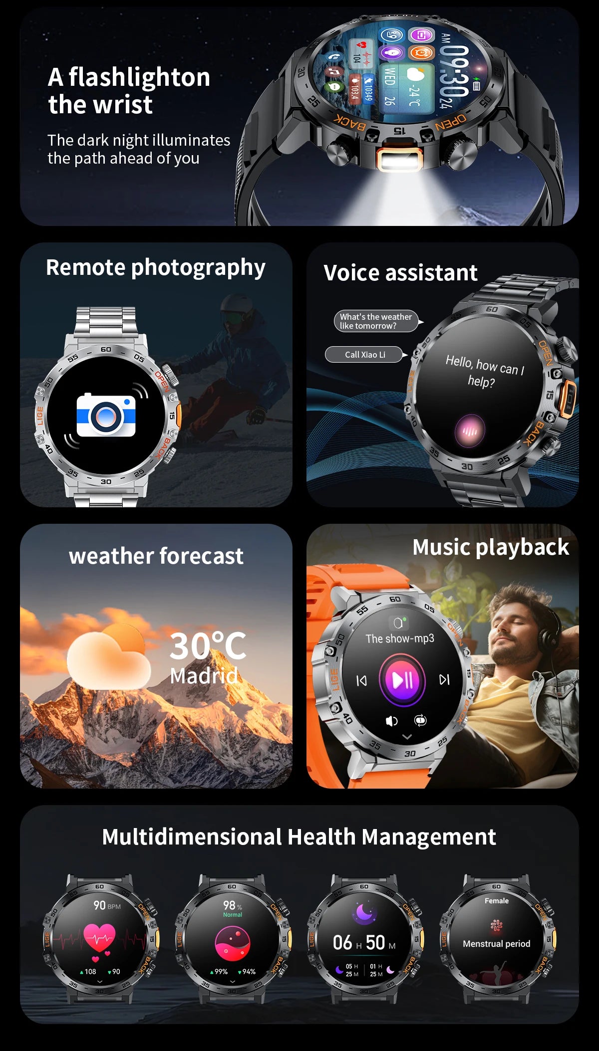 LIGE LED Flashlight Smart Watch Military Watches SOS Bluetooth Call Waterproof Health Monitor Sport Smartwatch For Android ios