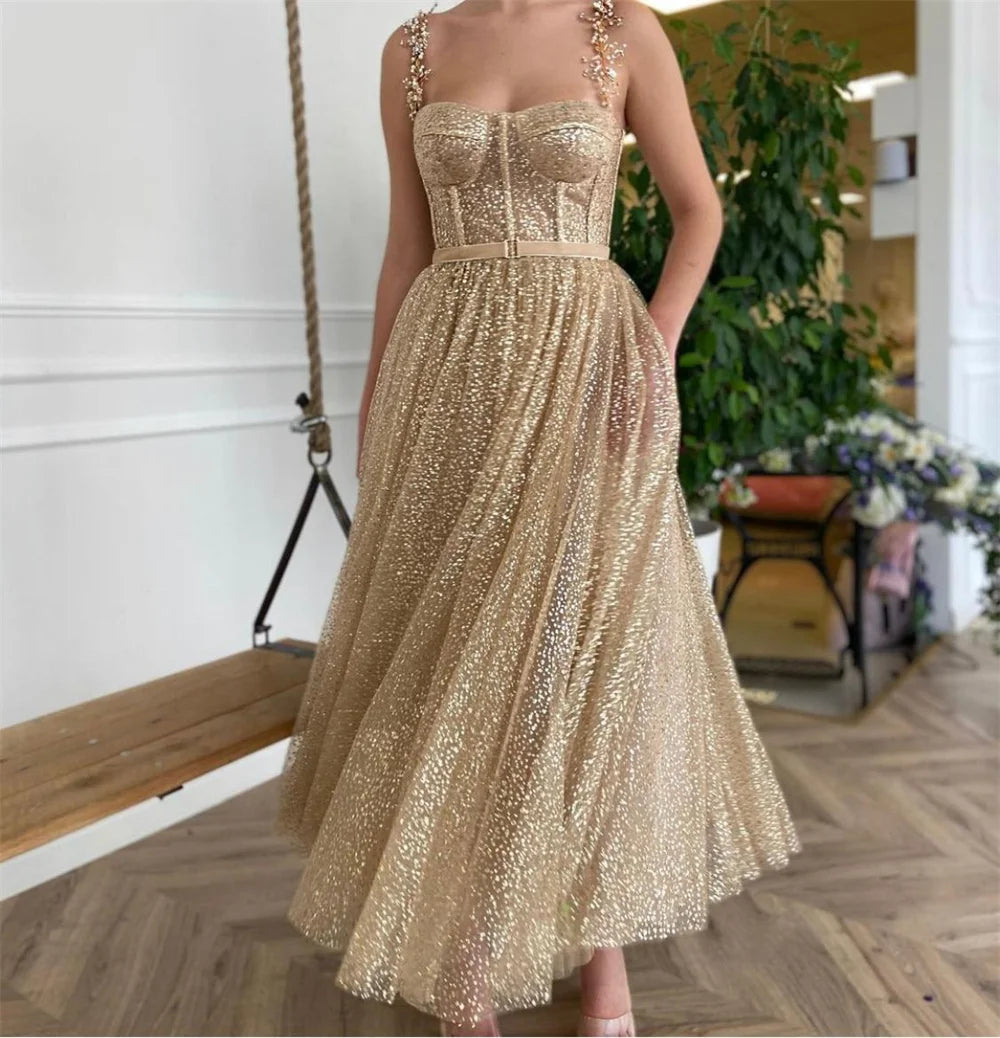 Mila Champagne Strapless Customized Party Dresses Sleeveles Beaded Straps Zip Prom Dresses Elegant Ankle-Length Evening Dresses