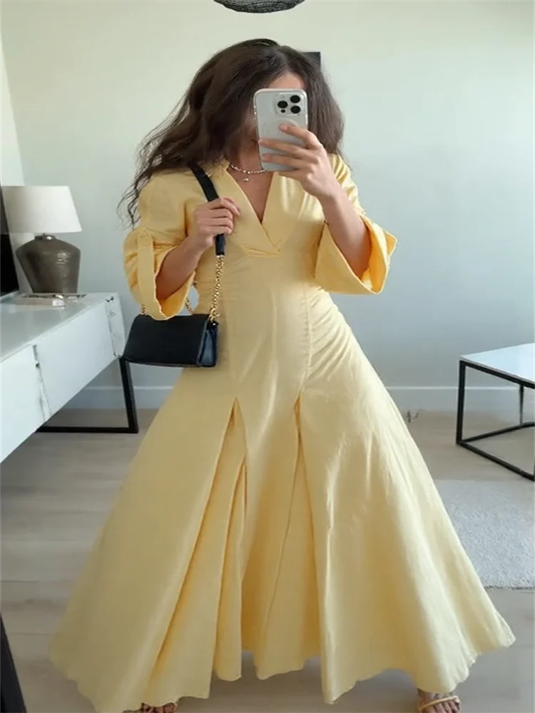Elegant Lapel Waist-Cinched Pleated Shirt Dress – Women’s Half Sleeve Floor-Length Summer Style
