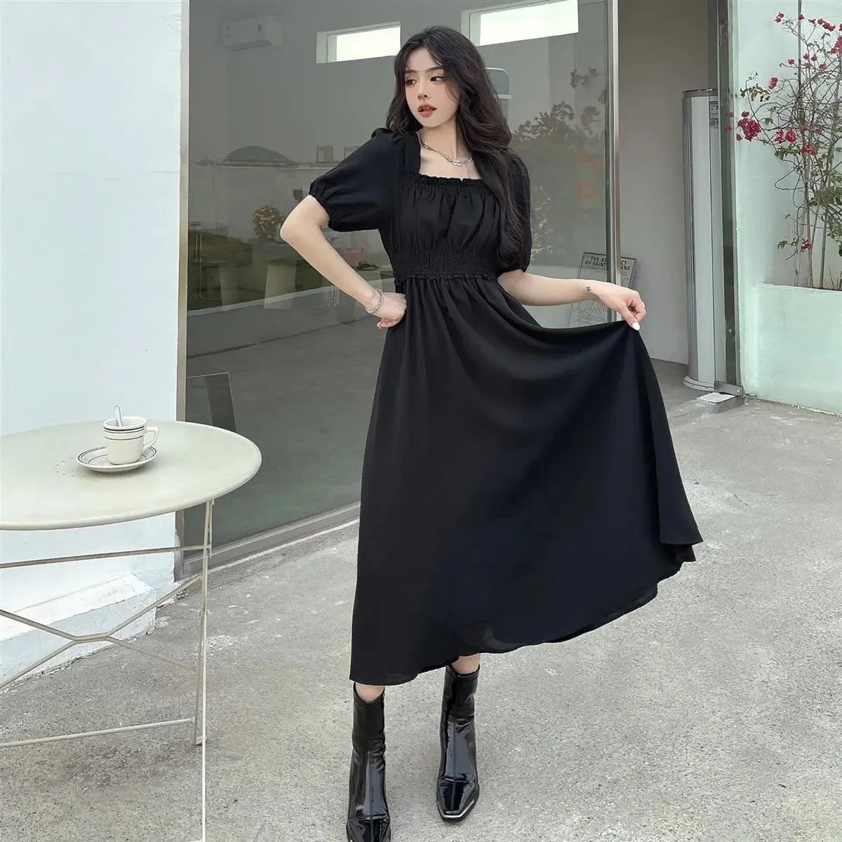 Sweet Retro Hepburn Sle Square Collar Dr Waist-Cinching Long Bla Dr Initial Love Tea Break Faionable Summer Dr