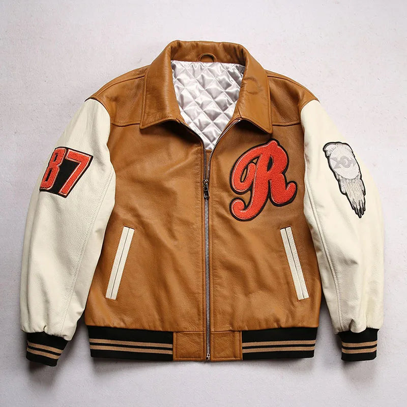 Men large size leather jacket flight suit jacket printed big chief embroidery casual sports yellow cowhide leather jackets tops
