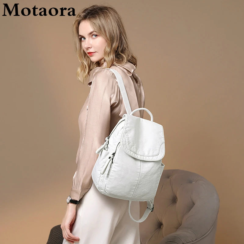Motaora Women's Backpack White Washed Leather Backpack Female Small School Bags For Teenage Girls All-match Casual Travel Bag