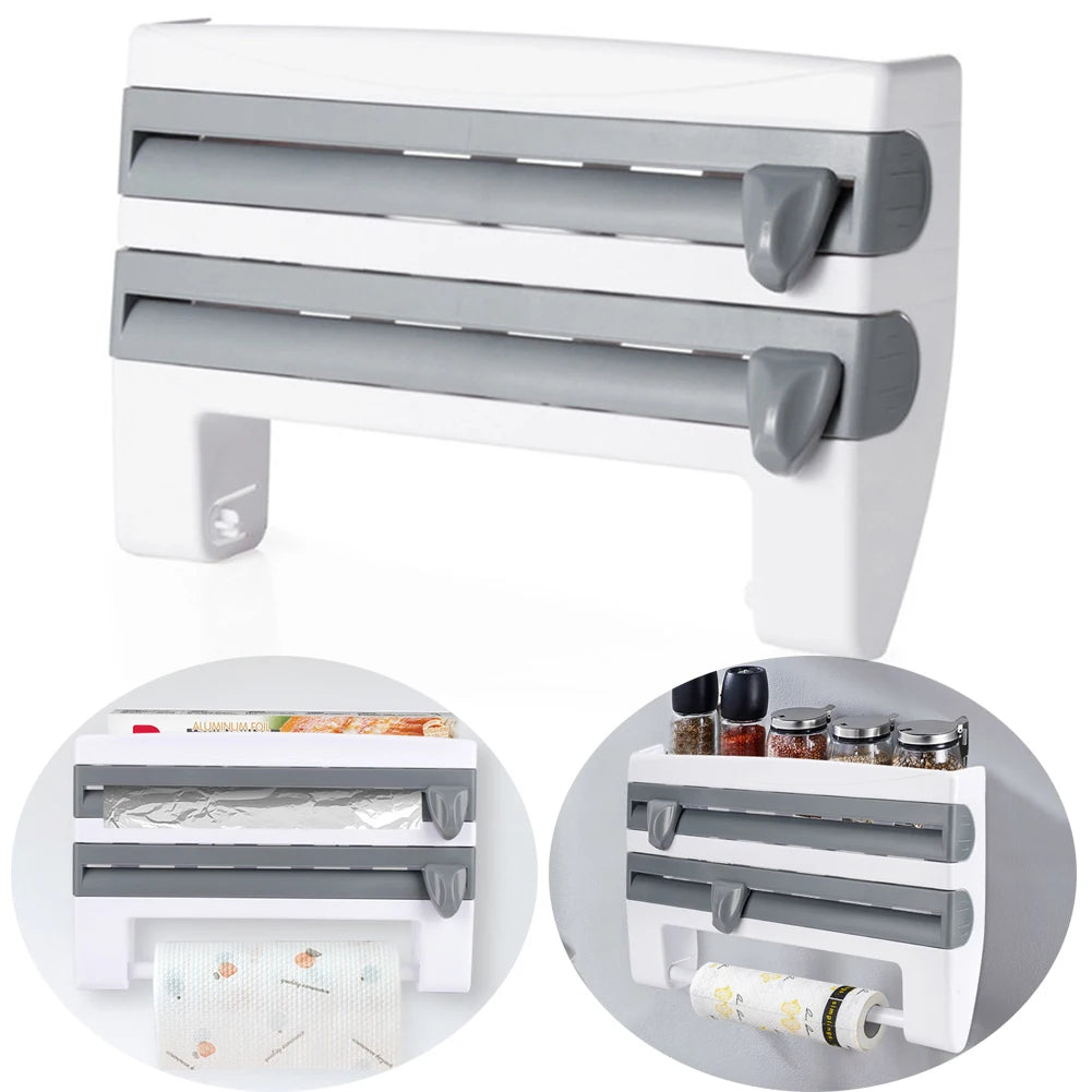 ABS Material Wall Mounted Kitchen Cling Film Dispenser with Cutter, Cling Film Aluminum Foil Roll Holder Paper Towel Holder Grey