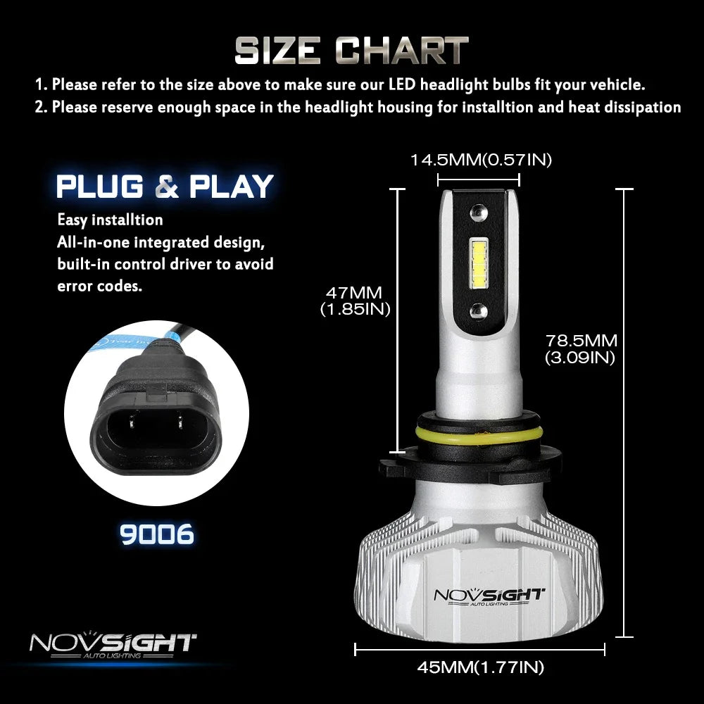 NOVSIGHT Car Headlight H4 Hi/Lo Beam LED H7 H1 H8 H9 H11 9005 9006 50W 10000lm 6500K Auto Headlamp Fog Light Bulbs