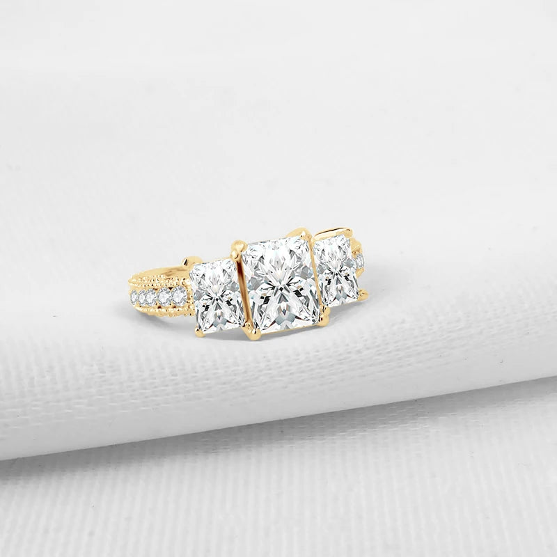Lnngy Three Stone Moissanite Ring For Women 10K Pure Gold Lab Created Diamond Eternity Engagement Rings Delicate Daily Jewelry