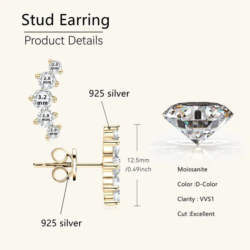Lnngy 925 Sterling Silver Stud Earrings Necklaces Brilliant 5 Stones Moissanite Choker Necklace Climber Earring Jewelry Set
