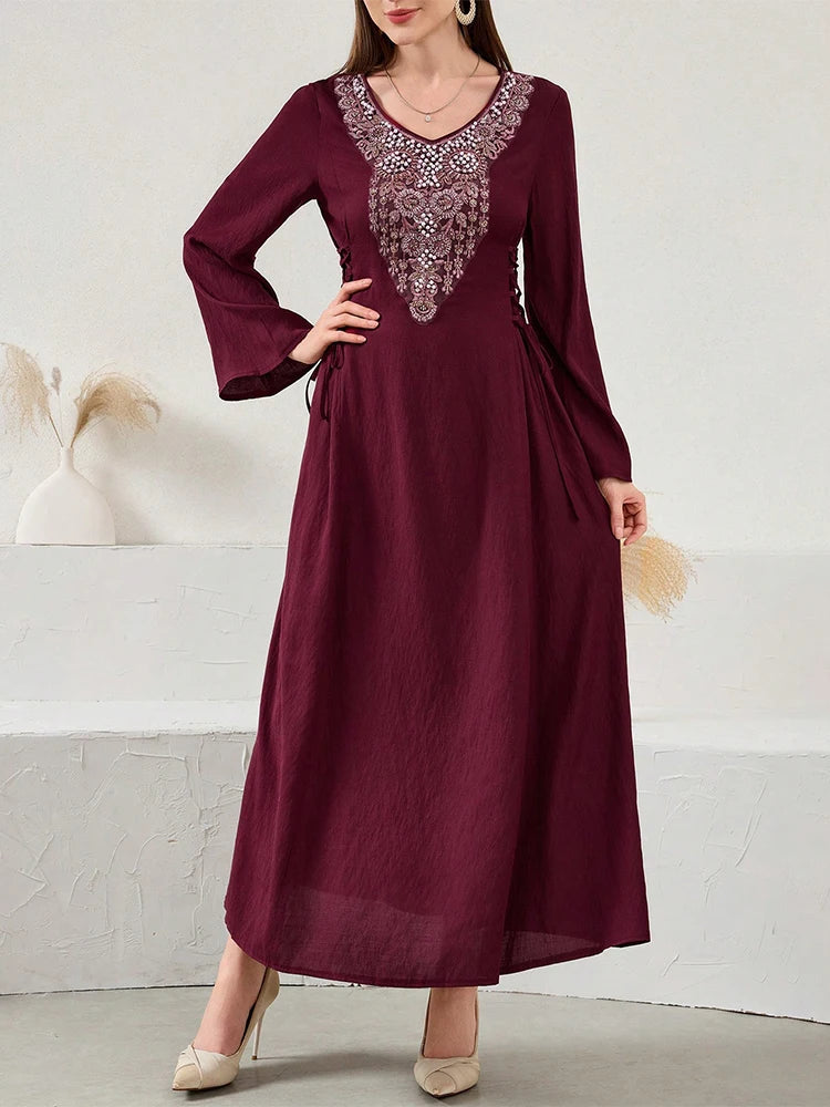 Rafiah Ramadan Emirati Lace-Up Long Sleeve Elegant Dress Crystal and Sequin Embellishments in Sober Burgundy for Women