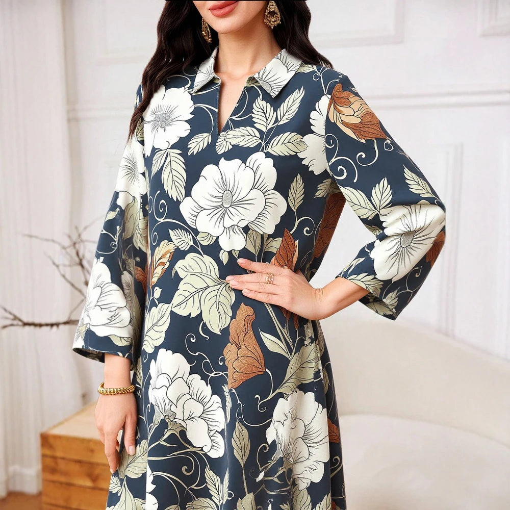 Rafiah Women's Summer Long Dress 2025 Arabian Dress Daily Basic V-Neck Long Sleeve A-Line Maxi Flower Print Casual Dress