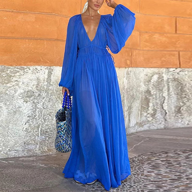 Elegant Pleated Lantern Sleeve Mid-Calf Dress – Women’s O-Neck Holiday Beach Outfit