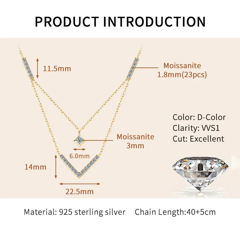 Lnngy Sparkling 3mm&1.8mm Round Moissanite Necklace 925 Sterling Silver Fashion V-Shape Necklaces for Women Fine Jewelry Gift