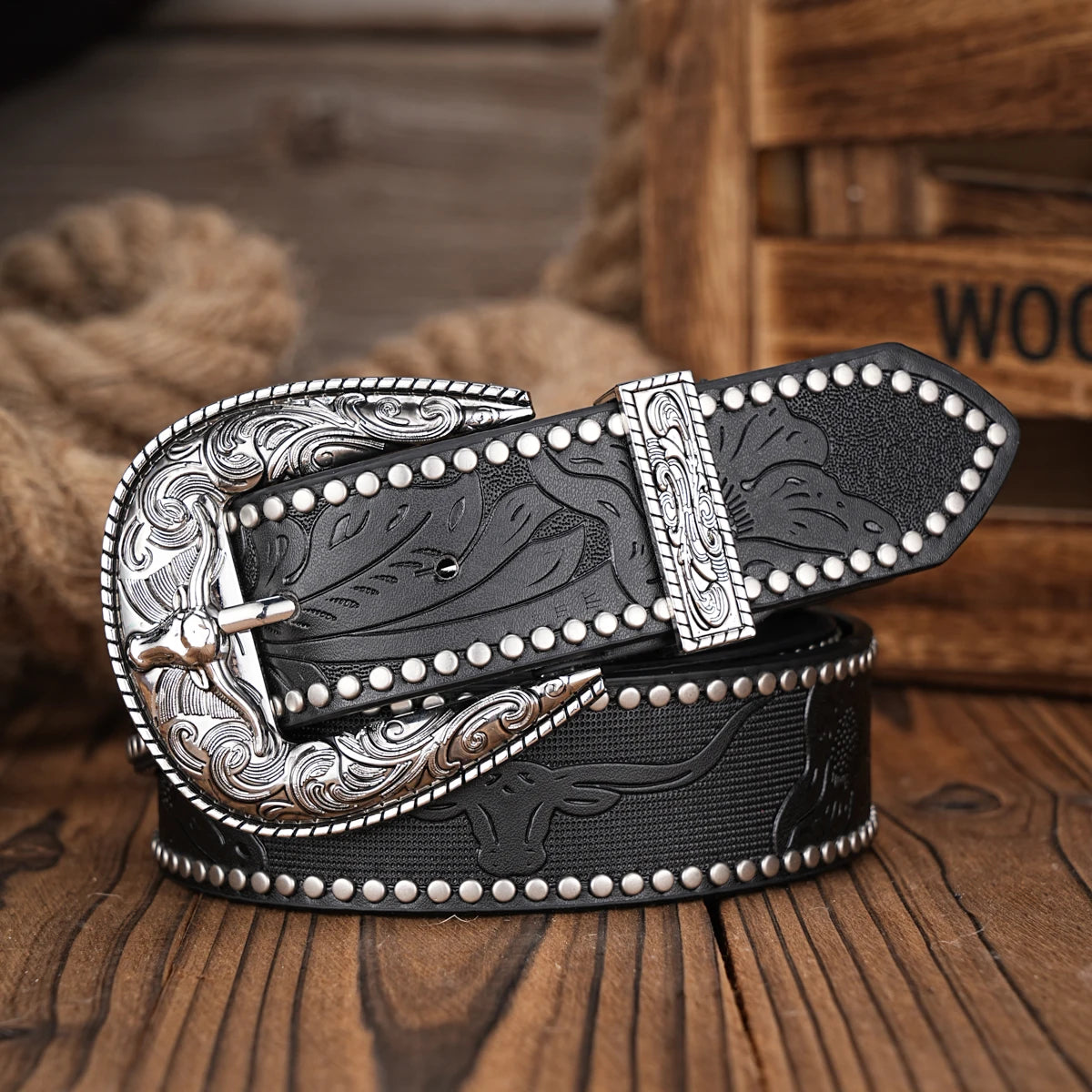 Men Women-Western-Cowboy-PU Leather-Belts - Vintage Belt Floral Engraved Buckle Belt for Jeans