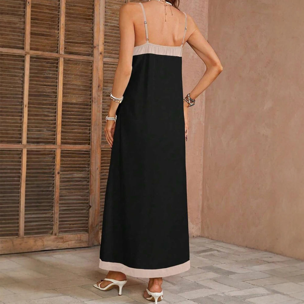 Rafiah Summer Arabian Dress 2025 Women's Modest Fashion Patchwork Spaghetti Strap V-Neck A-Line Basics Midi Dress