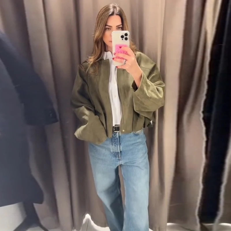 Street Women's Suede Bomber Jacket Fashion Lapel Zipper Full Sleeve Female Coats 2025 Spring Lady Casual Commute Vintage Outwear