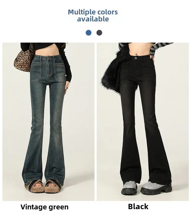 American Style Vintage Jeans Women's Slim Fit High Street Bootcut Pants 2024 Autumn Winter Slimming Petite Bootcut Trousers