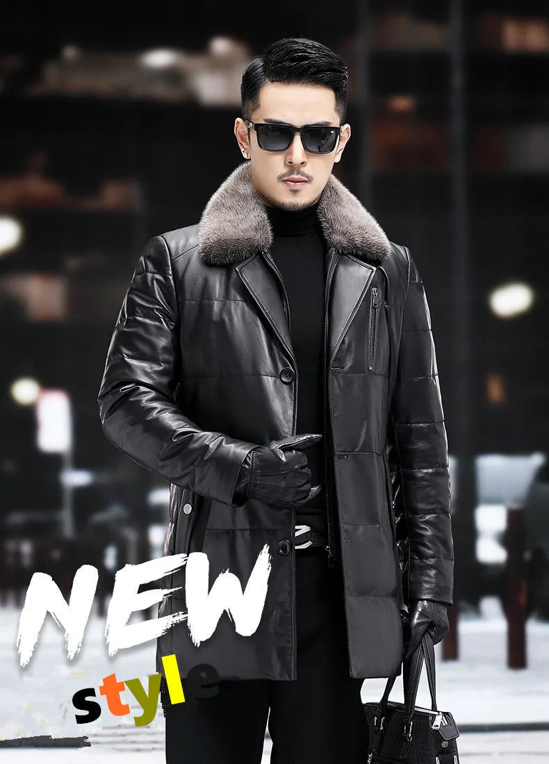 Men's Leather Jacket, Mid-Length, Lapel, Single Breasted Down Jacket, Mink Collar, Sheepkin, Thick Coat, Autumn and Winter