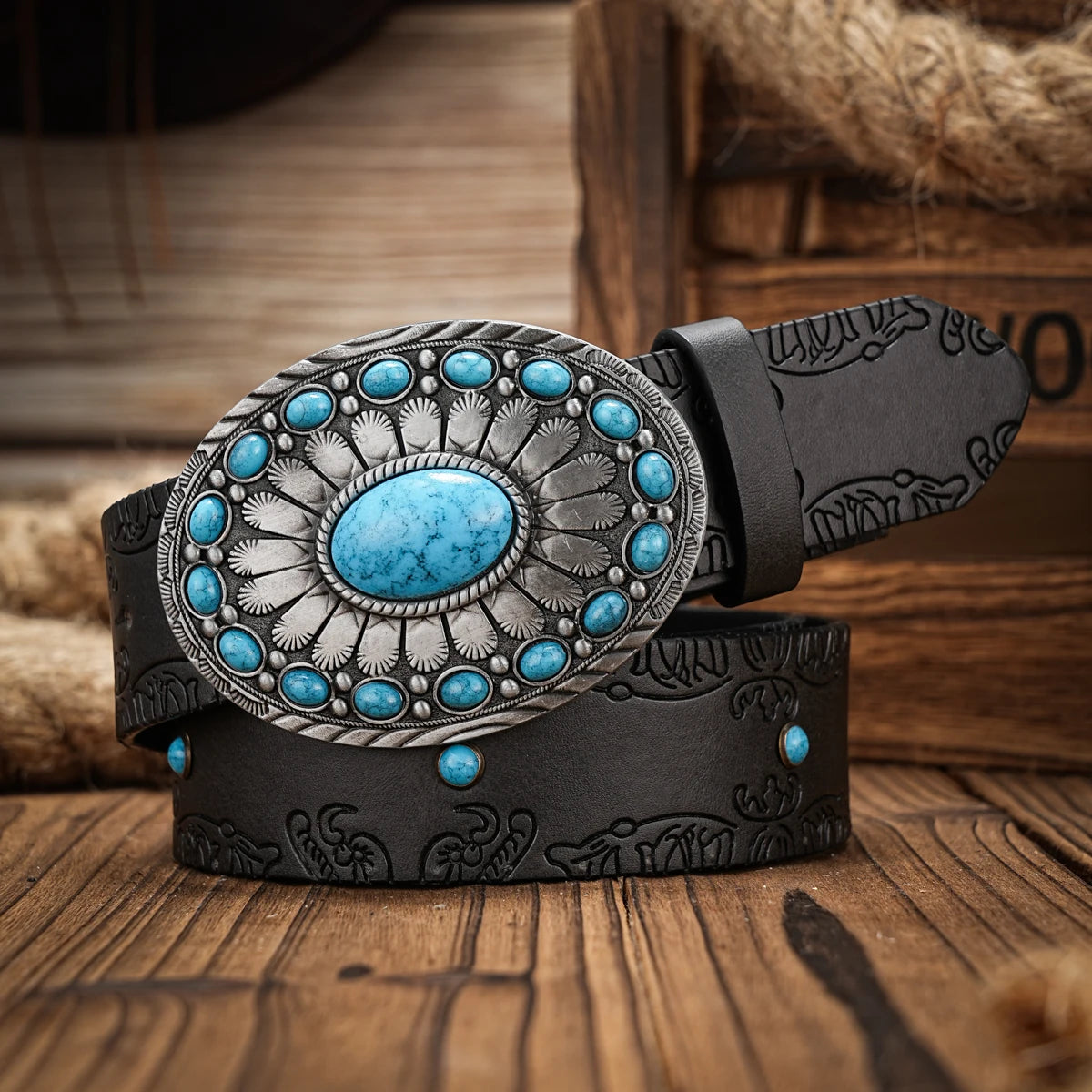 Western Cowboy PU Leather Belt - Men Waist Strap Bull Decoration Floral Engraved for Jeans