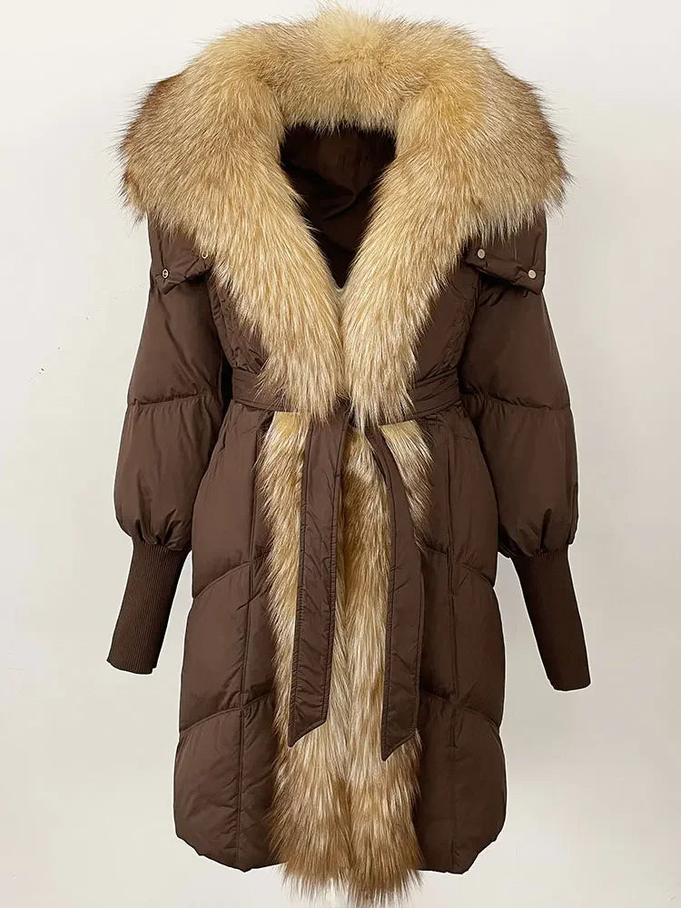 2025 Autumn Winter Women Coat Real Natural Fox Fur Long Down Jacket Thick Warm Casual Hooded White Duck Down Elegant Overwears