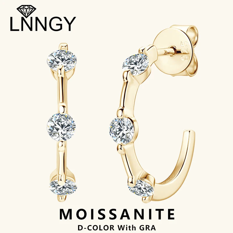 Lnngy Certified 3mm Moissanite Earrings for Women 925 Sterling Silver Unique C-shaped Stud Earring Classic Fine Jewelry Gifts