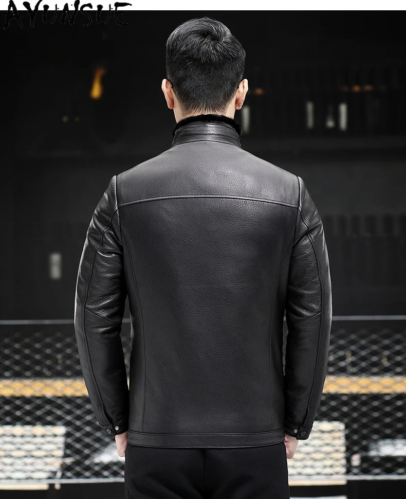 AYUNSUE 100% Real Goatskin Men Leather Jacket Stand Collar Detachable Down Liner and Mink Fur Liner Jackets Winter Mens Fur Coat