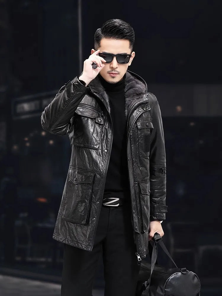 Men’s Oil Wax Cowhide Leather Jacket – Slim Fit Winter Cargo Coat with Mink Fur Lining & Hood