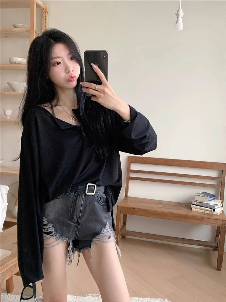 Ladies Casual V-Ne Long Sve T-irt Cover up White Loose Slimming Knitted Wear Summer Inner Top Comfortable Sle