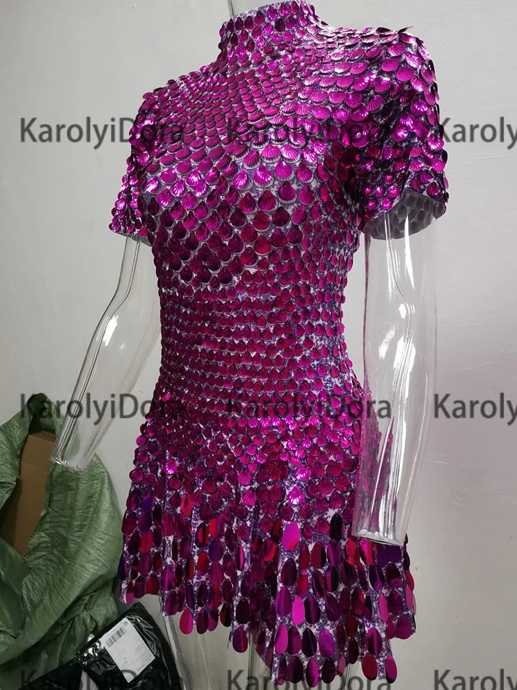 Sexy Black Shell Sequins Mini Dress Nightclub Dance High Quality Performance Clothing Bodysuit Birthday Red Dresses