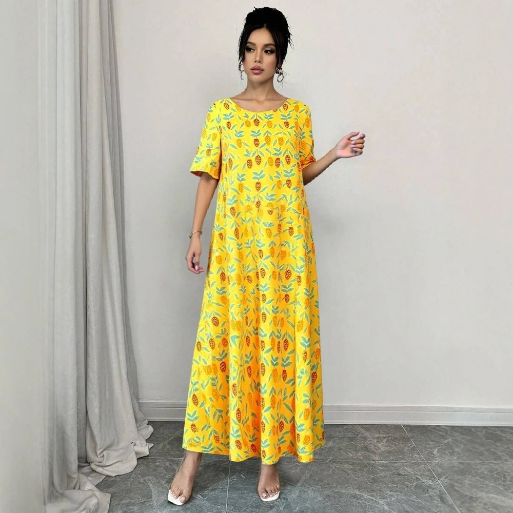Rafiah Women's Arabian Dress Summer Cute Daily Cartoon Full Print Short Sleeve Round-Neck Midi A-Line Long Casual Dress