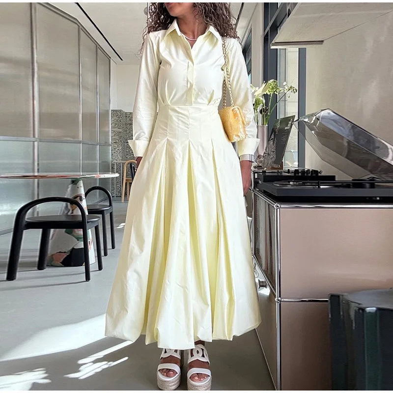 Elegant Lapel Waist-Cinched Pleated Shirt Dress – Women’s Half Sleeve Floor-Length Summer Style