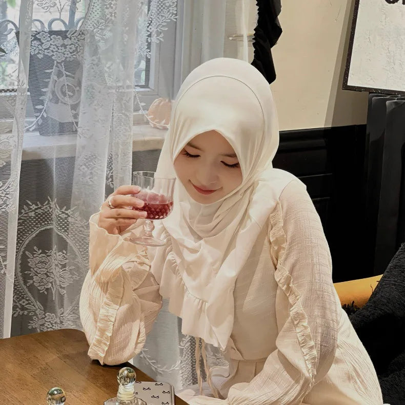Muslim Hijab for Women Ruffle Turban Islamic Headwraps Arab Headband Big Khimar One Piece Scarf Shawl Solid Color
