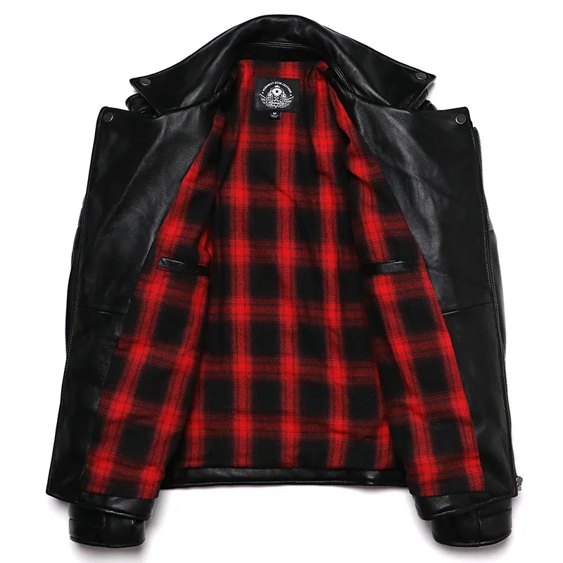 New Sheepskin Genuine Leather Moto Jacket – Slim Oblique Zipper Short Coat for Men