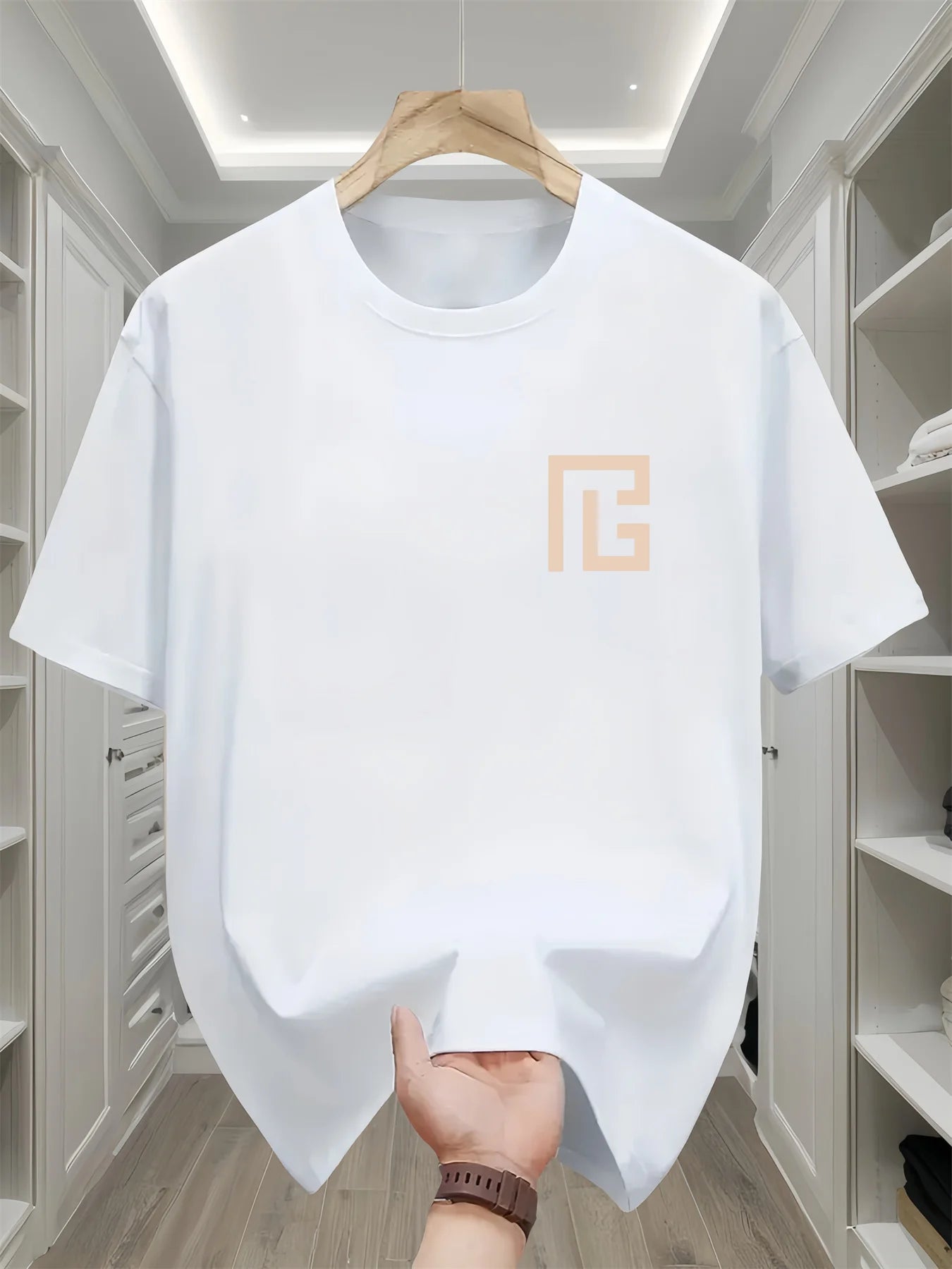 Men's summer 100% pure cotton fashionable casual sports loose geometric pattern printed round neck short sleeved T-shirt top