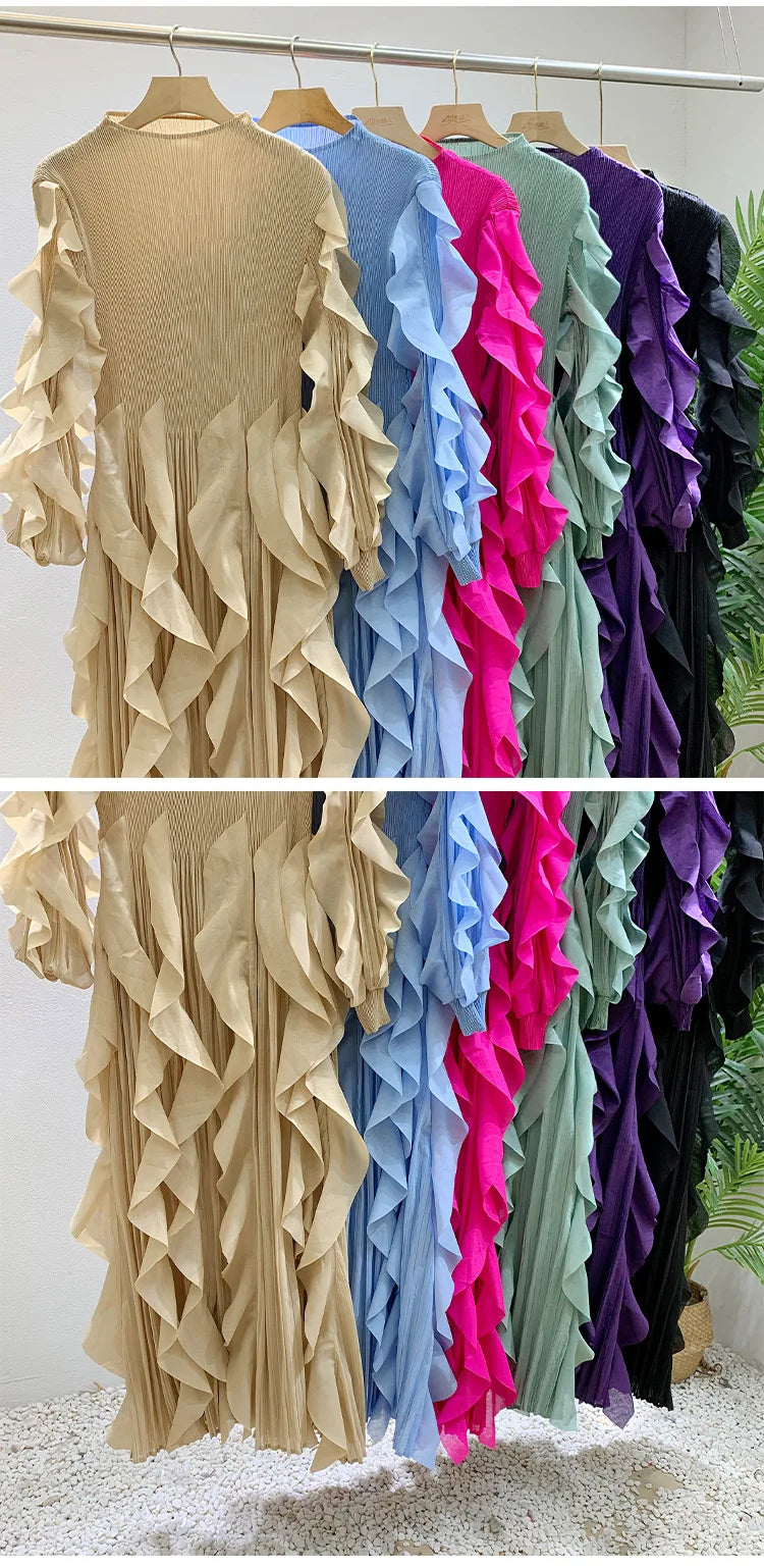 Fashion Ruffles Pleated Dress Women Round Neck Flare Sleeves Solid Maxi Belt Dresses Party 2025 Autumn New