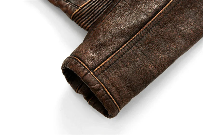 Men's Natural Leather Jacket First Layer Calfskin Stand Collar Motorcycle Jacket Retro Brown Cowhide Jacket Men‘s Biker Clothes