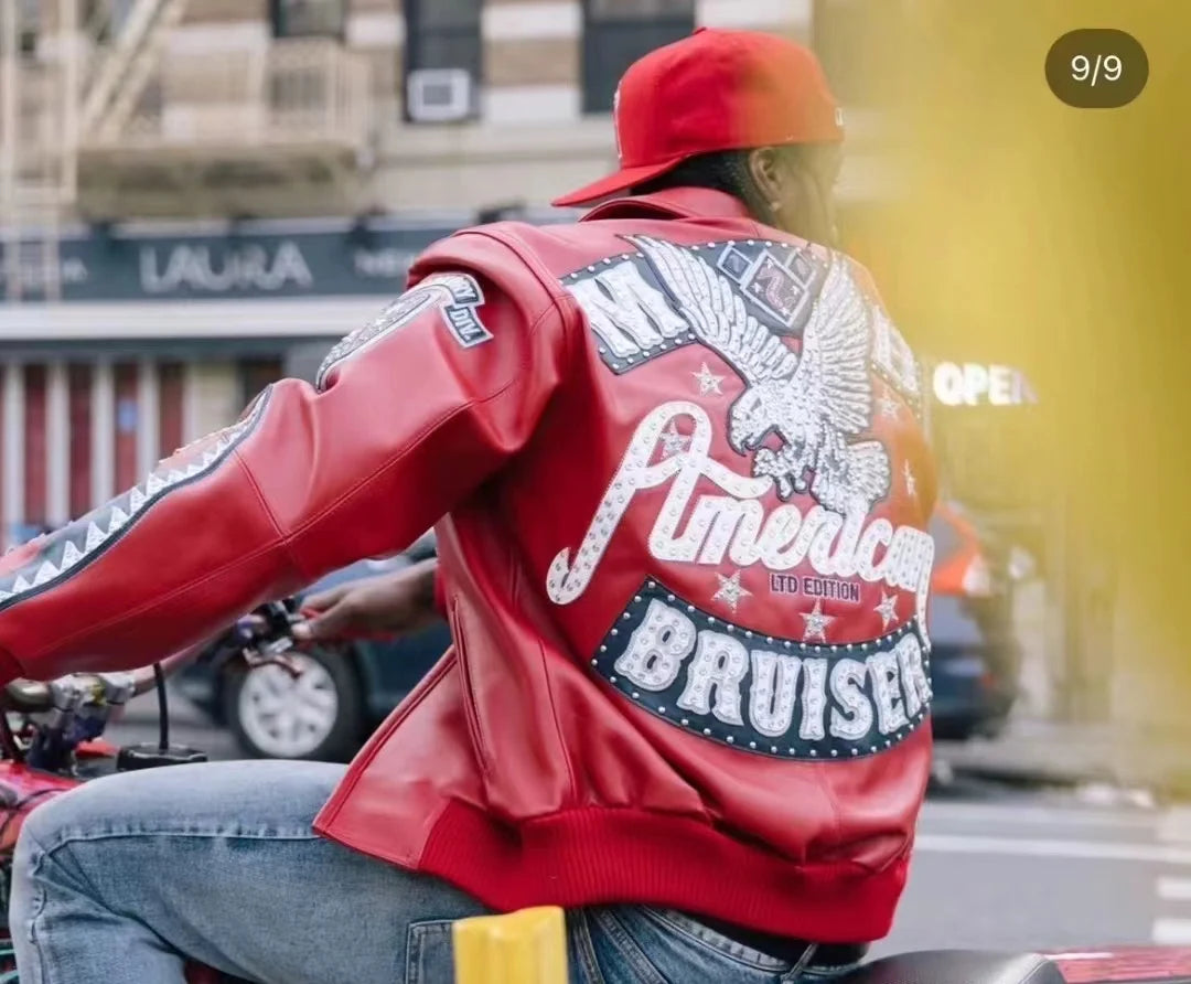 US size men's Hip Hop Sheep skin Varsity Jacket Embroidered Diamond Classic Casual Sport genuine leather Coat tops