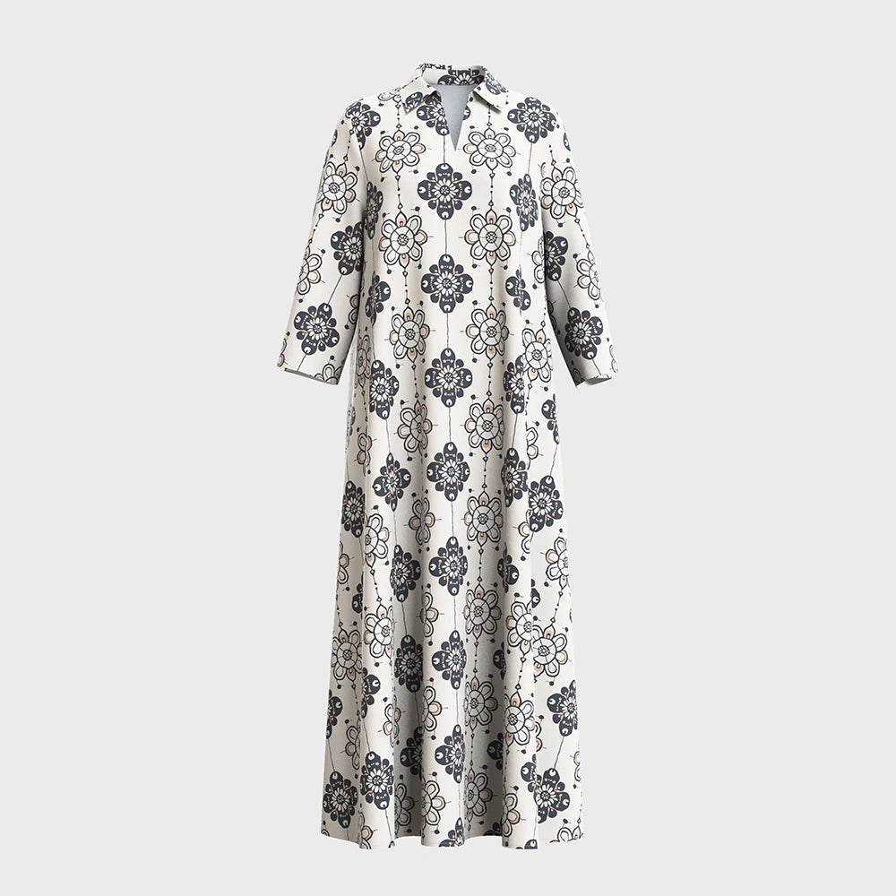 Rafiah Women's Summer Long Dress 2025 Arabian Dress Elegant V-Neck Long Sleeve A-Line Maxi Full Print Casual Dress