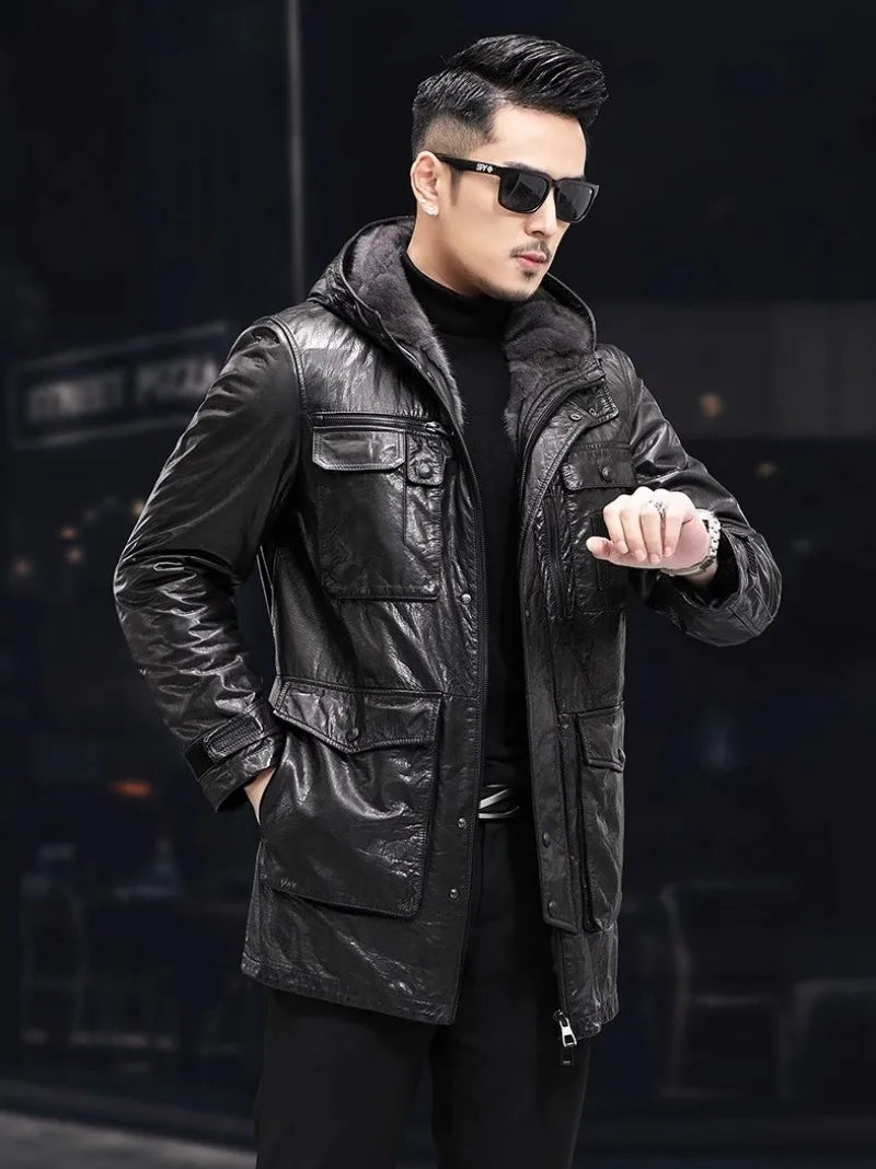 Men’s Oil Wax Cowhide Leather Jacket – Slim Fit Winter Cargo Coat with Mink Fur Lining & Hood