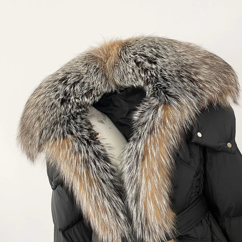 2025 Autumn Winter Women Coat Real Natural Fox Fur Long Down Jacket Thick Warm Casual Hooded White Duck Down Elegant Overwears