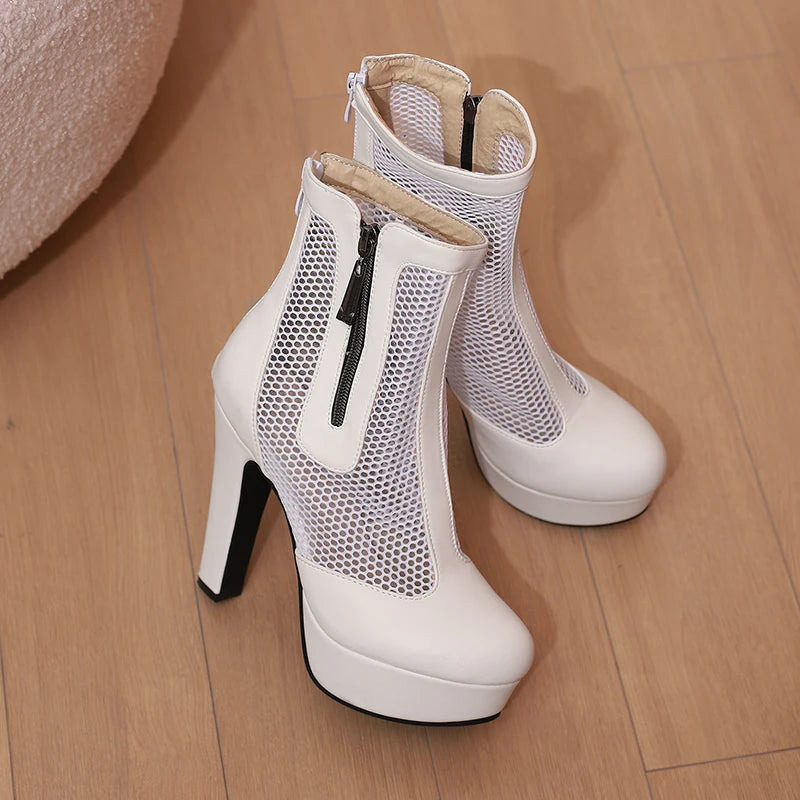 Women’s Summer Ankle Boots – Handmade Mesh + PU Leather – Closed Toe – Platform High Heel – Zip Up – Sizes 4.5–18